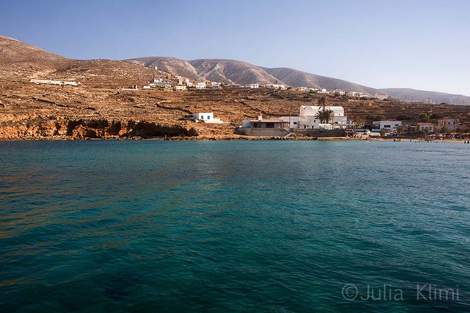 Emborios beach and Panagia village from the sea. Kasos island